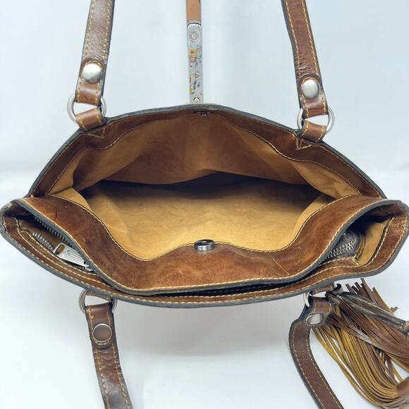 Patricia Nash Leather Poppy Tote Mini Meadows Floral‎ Print Brown Trim Tassels - Picture 10 of 14